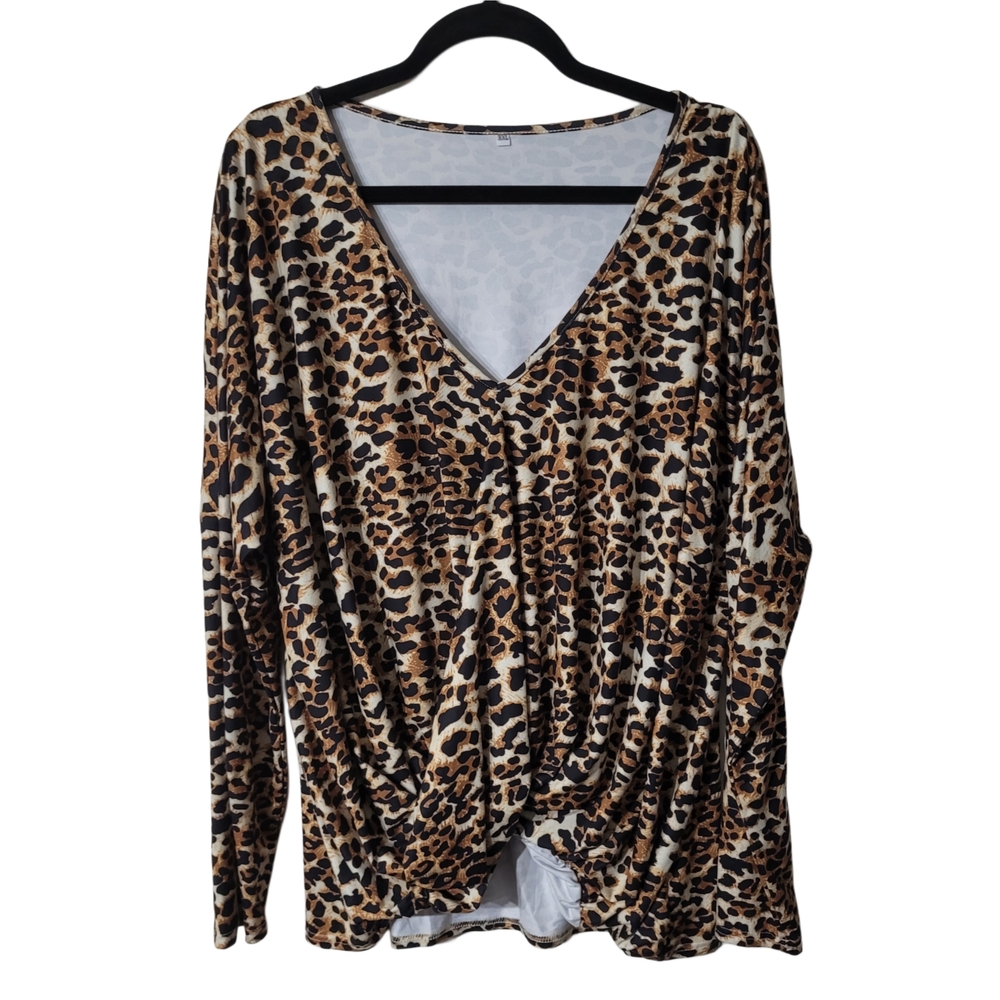 Cheetah Print Brown and Black Ruched Blouse with Long Sleeves Size XXL